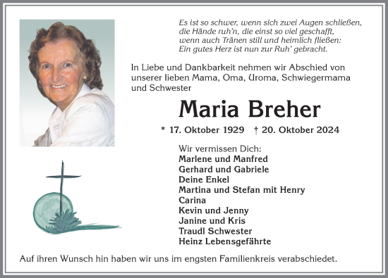 Traueranzeige von Maria Breher von Allgäuer Zeitung,Kempten