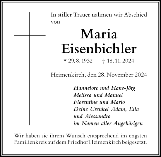 Traueranzeige von Maria Eisenbichler von Der Westallgäuer