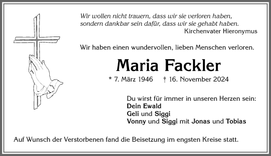 Traueranzeige von Maria Fackler von Allgäuer Zeitung,Kempten