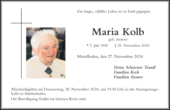 Traueranzeige von Maria Kolb von Der Westallgäuer