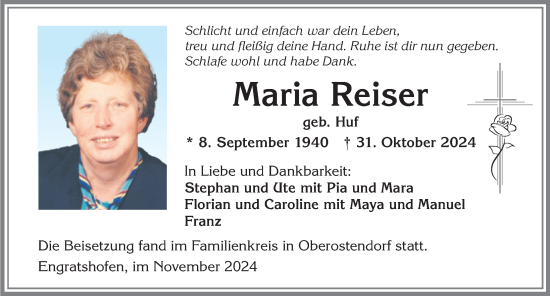 Traueranzeige von Maria Reiser von Allgäuer Zeitung, Kaufbeuren/Buchloe