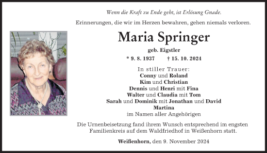 Traueranzeige von Maria Springer von Allgäuer Zeitung,Kempten