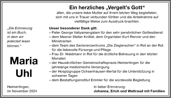 Traueranzeige von Maria Uhl von Memminger Zeitung
