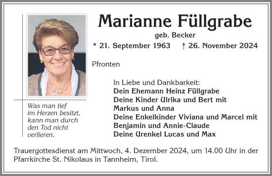 Traueranzeige von Marianne Füllgrabe von Allgäuer Zeitung, Füssen