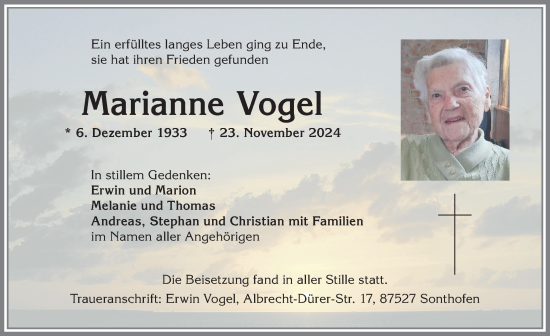Traueranzeige von Marianne Vogel von Allgäuer Anzeigeblatt