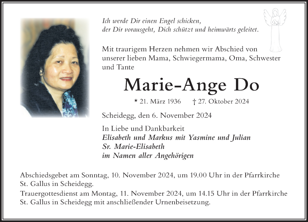  Traueranzeige für Marie-Ange Do vom 06.11.2024 aus Der Westallgäuer