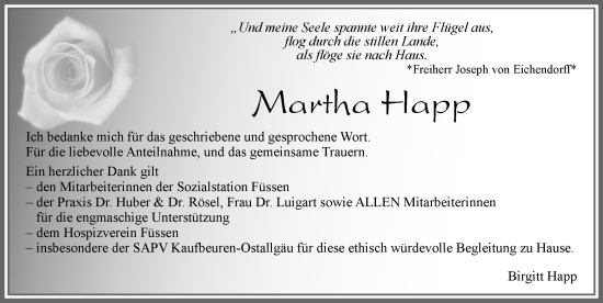 Traueranzeige von Martha Happ von Allgäuer Zeitung, Füssen