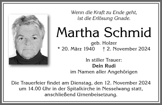 Traueranzeige von Martha Schmid von Allgäuer Zeitung, Füssen
