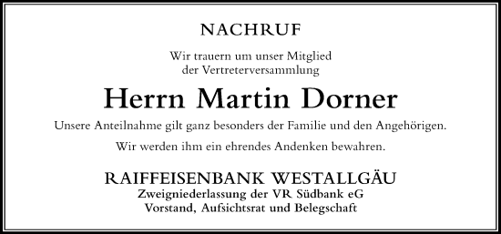 Traueranzeige von Martin Dorner von Der Westallgäuer