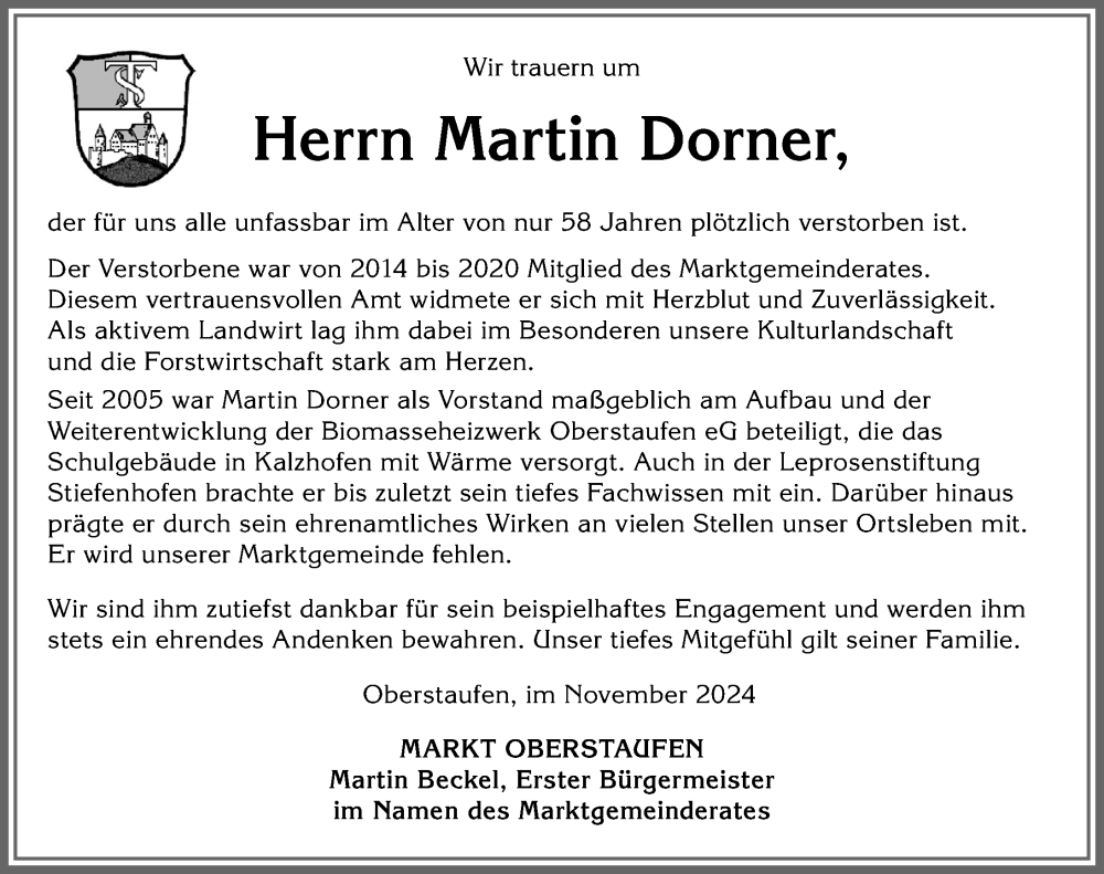  Traueranzeige für Martin Dorner vom 14.11.2024 aus Der Westallgäuer