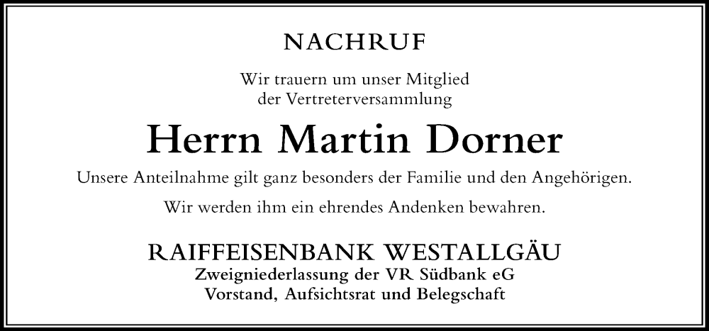  Traueranzeige für Martin Dorner vom 14.11.2024 aus Der Westallgäuer