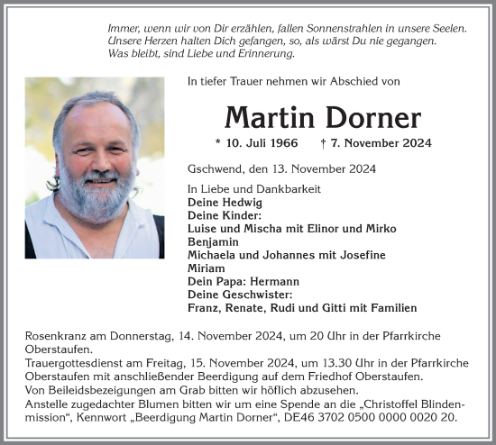 Traueranzeige von Martin Dorner von Der Westallgäuer