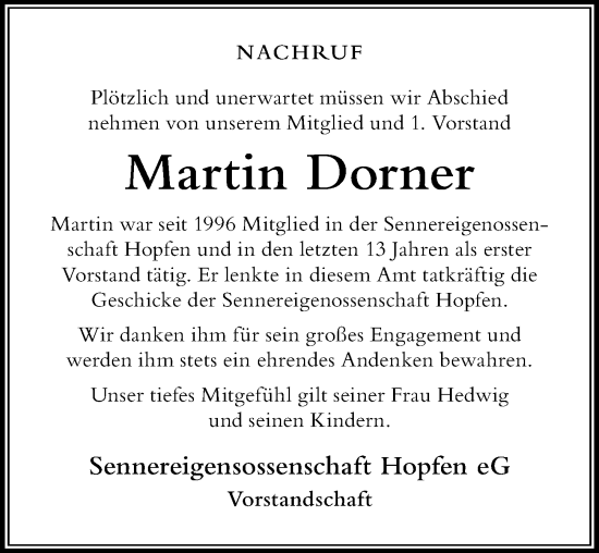 Traueranzeige von Martin Dorner von Allgäuer Anzeigeblatt