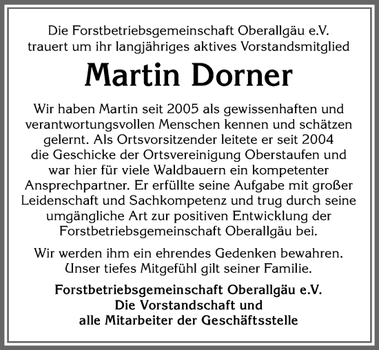 Traueranzeige von Martin Dorner von Allgäuer Anzeigeblatt