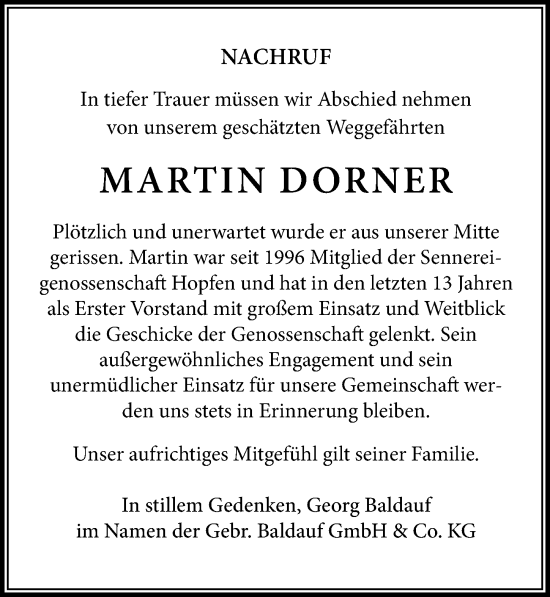 Traueranzeige von Martin Dorner von Allgäuer Anzeigeblatt