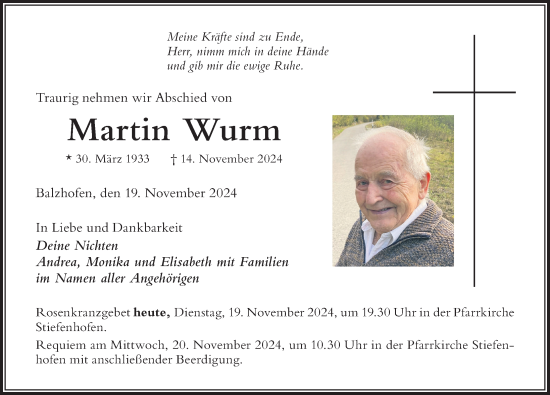 Traueranzeige von Martin Wurm von Der Westallgäuer
