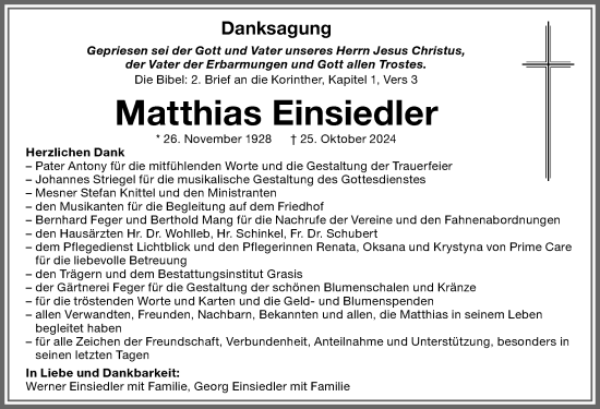 Traueranzeige von Matthias Einsiedler von Memminger Zeitung