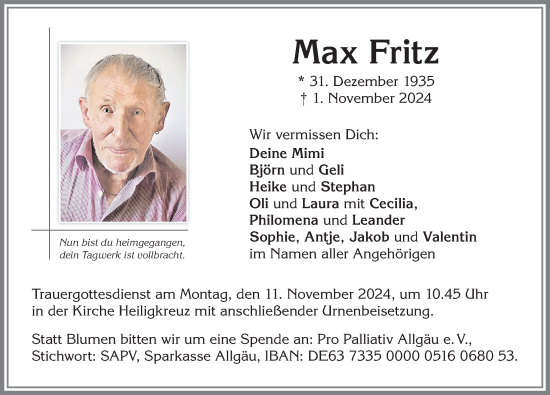 Traueranzeige von Max Fritz von Allgäuer Zeitung,Kempten