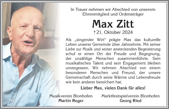 Traueranzeige von Max Zitt von Allgäuer Zeitung, Kaufbeuren/Buchloe