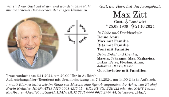 Traueranzeige von Max Zitt von Allgäuer Zeitung, Kaufbeuren/Buchloe
