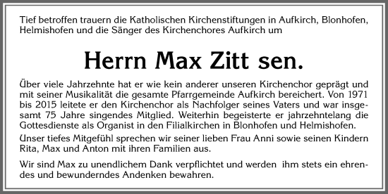 Traueranzeige von Max Zitt von Allgäuer Zeitung, Kaufbeuren/Buchloe