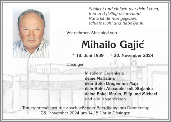 Traueranzeige von Mihailo Gajic von Allgäuer Zeitung, Kaufbeuren/Buchloe