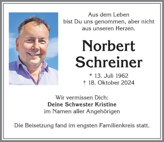 Traueranzeige von Norbert Schreiner von Allgäuer Zeitung,Kempten