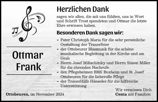 Traueranzeige von Ottmar Frank von Memminger Zeitung