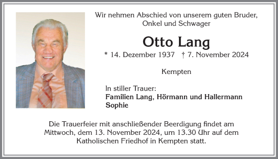 Traueranzeige von Otto Lang von Allgäuer Zeitung,Kempten