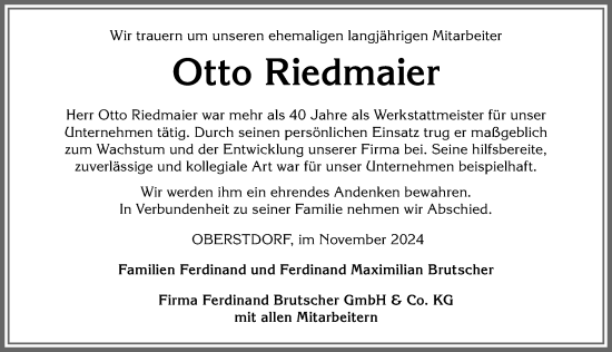 Traueranzeige von Otto Riedmaier von Allgäuer Anzeigeblatt
