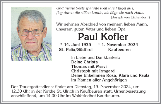 Traueranzeige von Paul Kofler von Allgäuer Zeitung, Kaufbeuren/Buchloe
