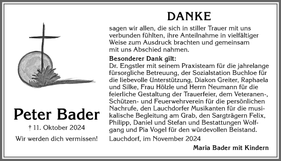 Traueranzeige von Peter Bader von Allgäuer Zeitung, Kaufbeuren/Buchloe