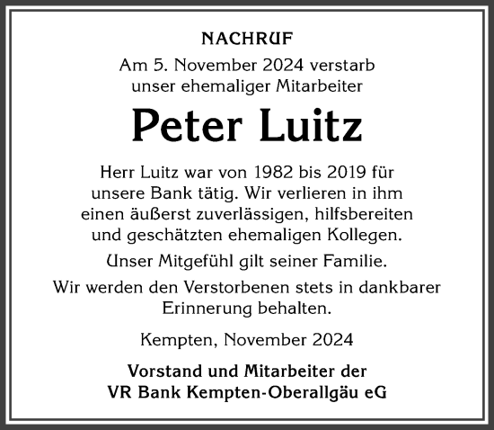 Traueranzeige von Peter Luitz von Allgäuer Zeitung,Kempten