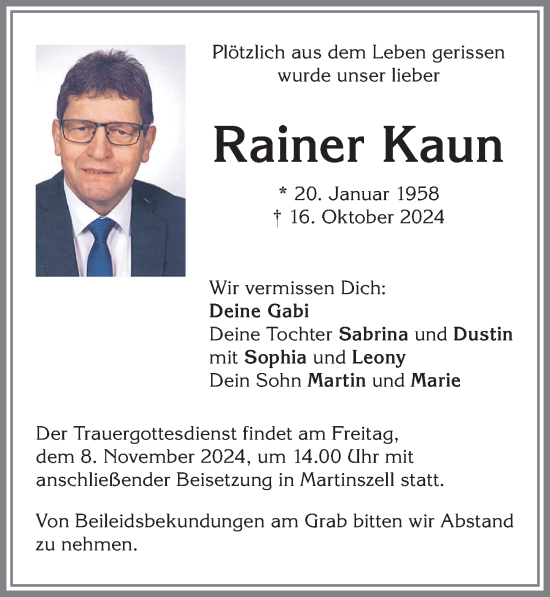 Traueranzeige von Rainer Kaun von Allgäuer Zeitung,Kempten
