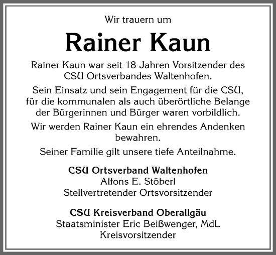 Traueranzeige von Rainer Kaun von Allgäuer Zeitung,Kempten