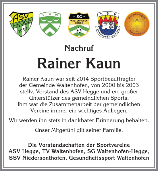 Traueranzeige von Rainer Kaun von Allgäuer Zeitung,Kempten
