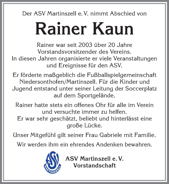 Traueranzeige von Rainer Kaun von Allgäuer Anzeigeblatt