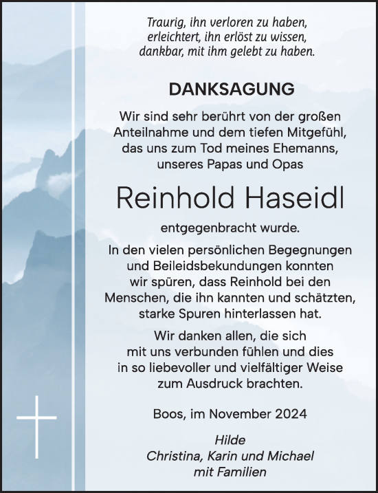 Traueranzeige von Reinhold Haseidl von Augsburger Allgemeine, Illertisser Zeitung, Mittelschwäbische Nachrichten