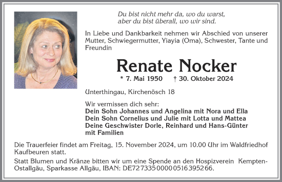 Traueranzeige von Renate Nocker von Allgäuer Zeitung, Gesamtausgabe