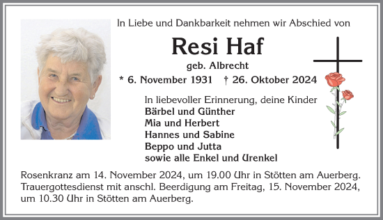 Traueranzeige von Resi Haf von Allgäuer Zeitung, Marktoberdorf
