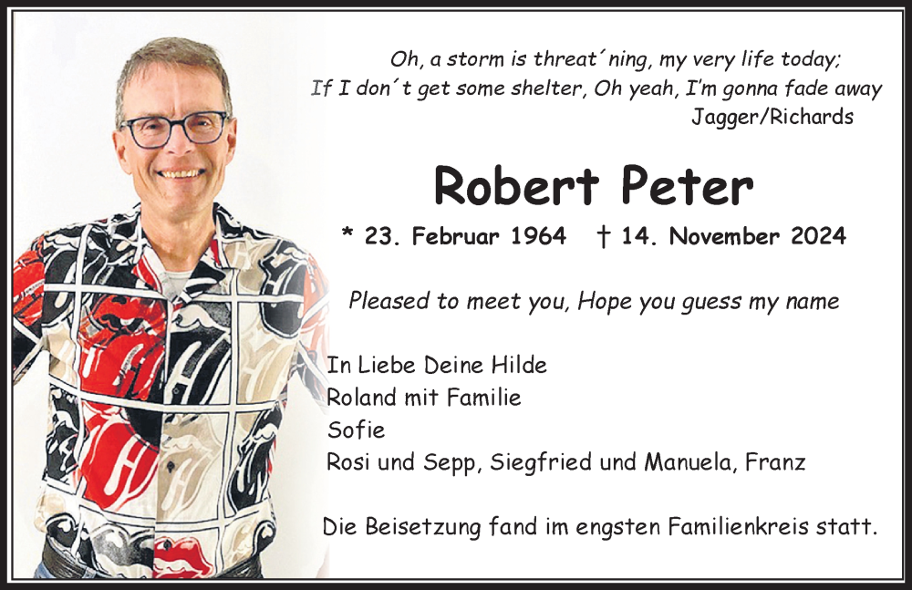  Traueranzeige für Robert Peter vom 30.11.2024 aus Allgäuer Zeitung,Kempten