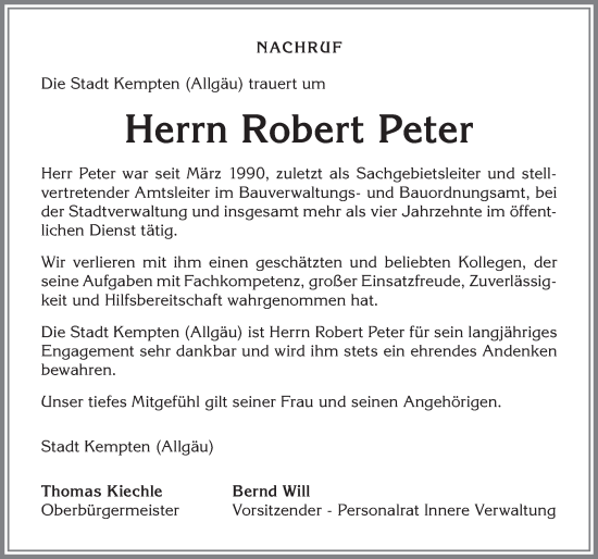 Traueranzeige von Robert Peter von Allgäuer Zeitung,Kempten