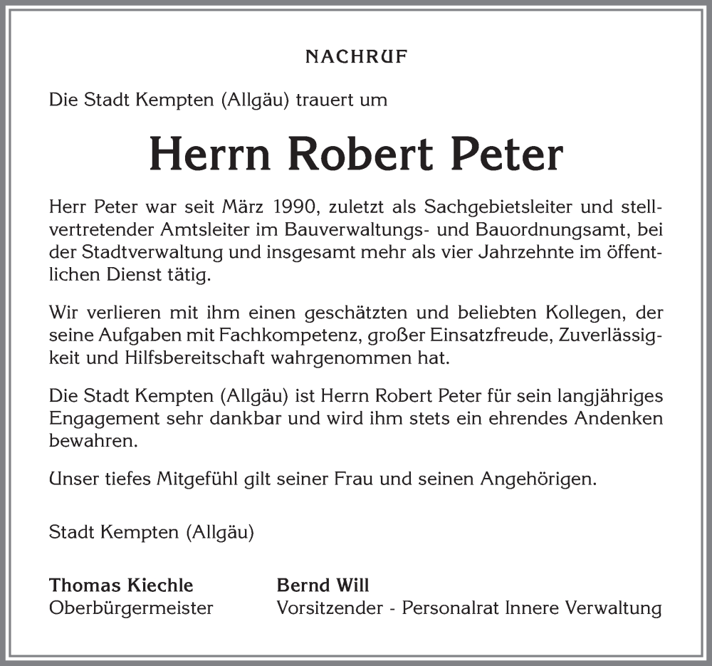  Traueranzeige für Robert Peter vom 30.11.2024 aus Allgäuer Zeitung,Kempten