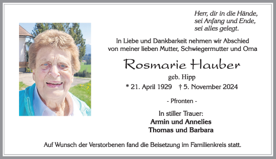 Traueranzeige von Rosemarie Hauber von Allgäuer Zeitung, Füssen
