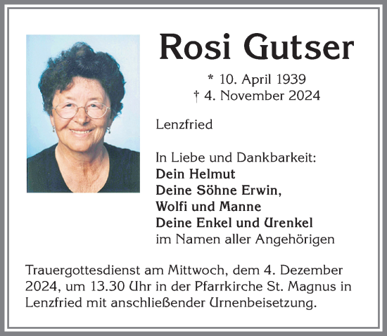 Traueranzeige von Rosi Gutser von Allgäuer Zeitung,Kempten