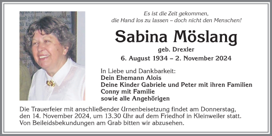 Traueranzeige von Sabina Möslang von Allgäuer Zeitung,Kempten