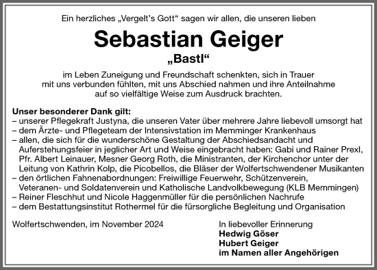 Traueranzeige von Sebastian Geiger von Memminger Zeitung