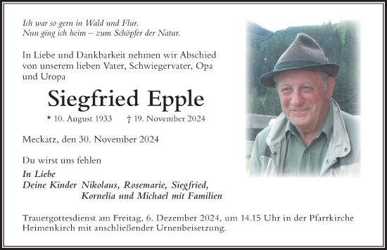 Traueranzeige von Siegfried Epple von Der Westallgäuer