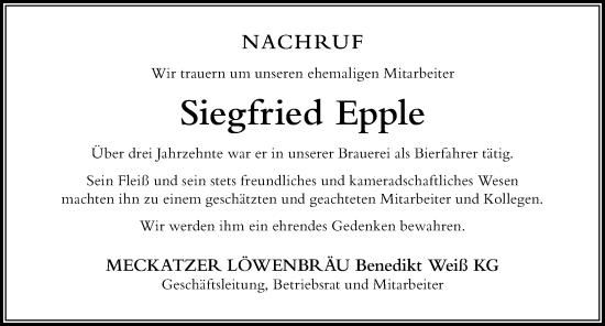 Traueranzeige von Siegfried Epple von Der Westallgäuer