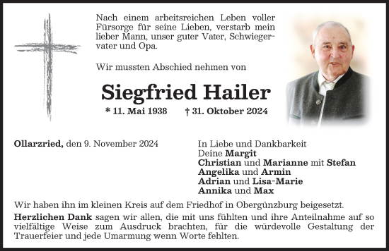Traueranzeige von Siegfried Hailer von Allgäuer Zeitung, Marktoberdorf